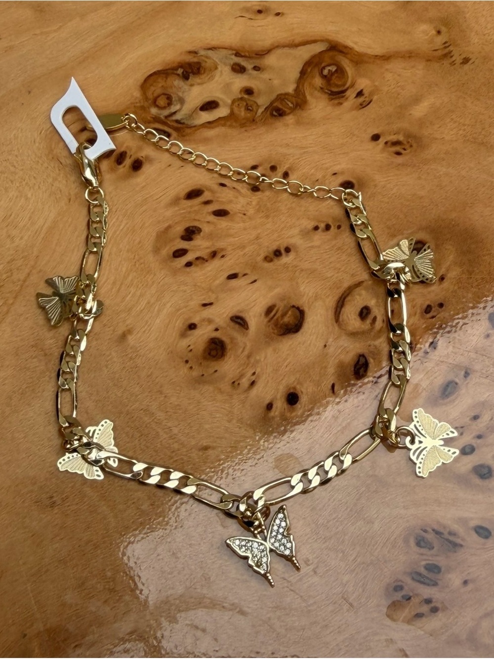 Gold Butterfly Charm Figaro Chain Anklet